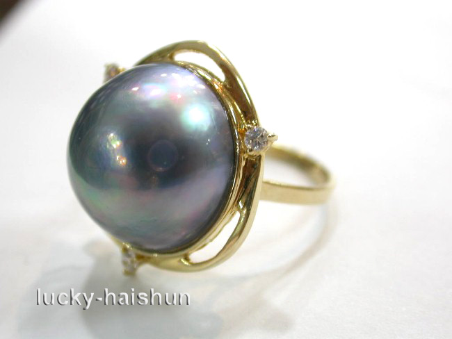 AAA real South Sea black Mabe Pearl Rings 14KT gold 20m  