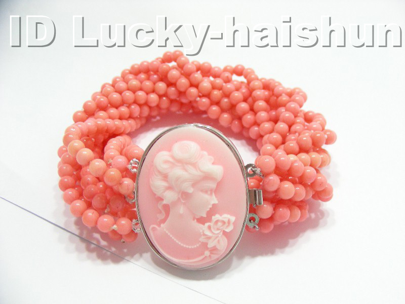 AAA 10Stds 100% natural pink coral bracelet cameo clasp  