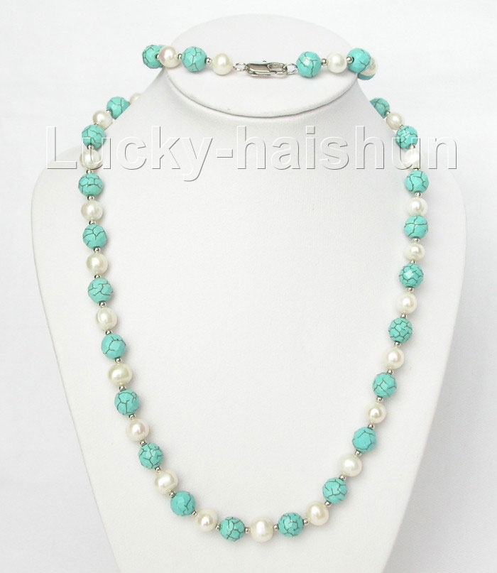 Genuine round white pearl turquoise necklace bracelet s  